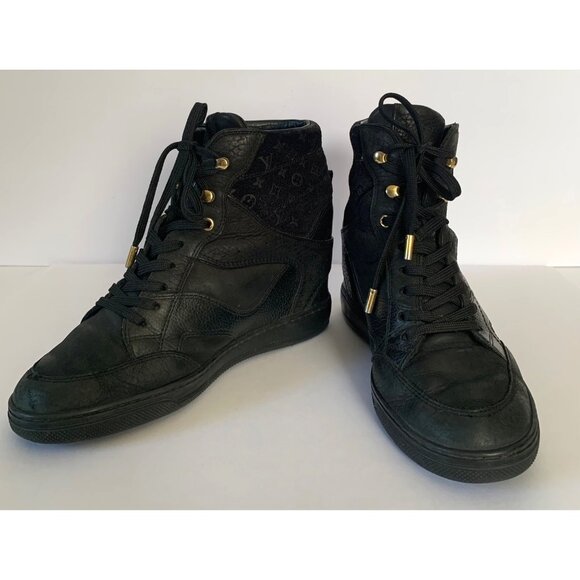 Louis Vuitton Women's Sz 37 Black Leather and Suede Millenium Wedge High-Top - Picture 1 of 15